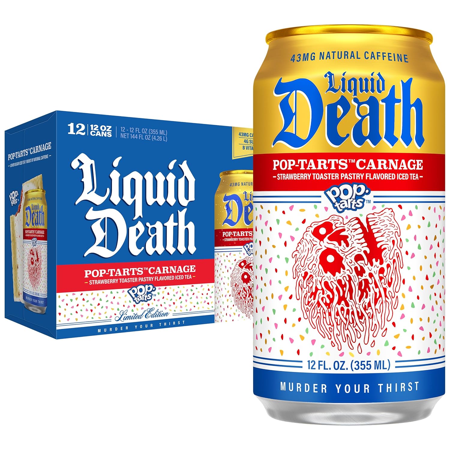 Liquid Death Iced Tea, Pop-Tarts Carnage (Pop-Tarts Frosted Strawberry Toaster Pastry Flavored Black Tea), Less Sugar*, Boost of Caffeine, B Vitamins, No Artificial Sweeteners, 12 Fl Oz (Pack of 12)
