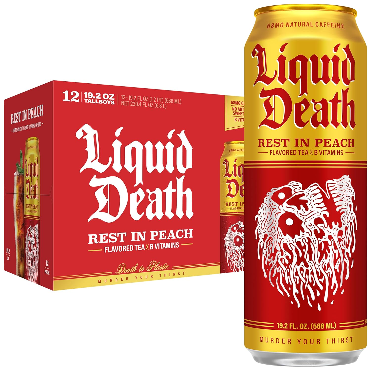 Liquid Death Iced Tea - Rest In Peach (Peach-Flavored Black Tea), Less Sugar*, Boost of Caffeine, B Vitamins, No Artificial Sweeteners, King Size 19.2 Fl Oz (Pack of 12)