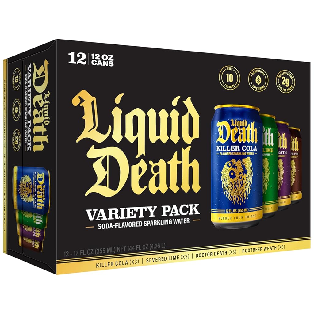 Liquid Death Soda-Flavored Sparkling Water - Classic Variety, Less Sugar*, Huge Flavor, No Caffeine, No Artificial Sweeteners, 4 Flavors: Lime, Doctor Death, Cola, Root Beer, 12 Fl Oz (Pack of 12)