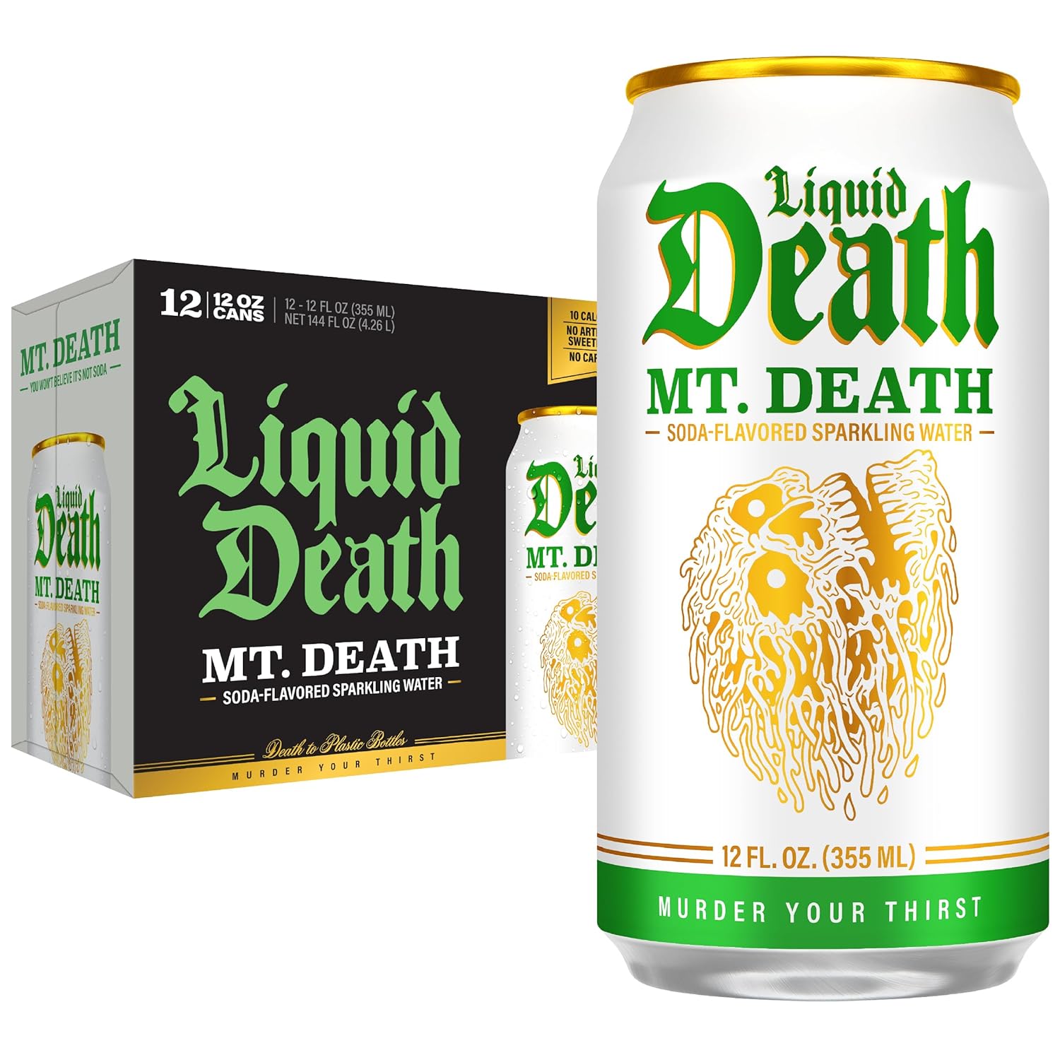 Liquid Death Soda-Flavored Sparkling Water - Mt. Death, Less Sugar*, Huge Flavor, No Caffeine, No Artificial Sweeteners, 12 Fl Oz (Pack of 12)